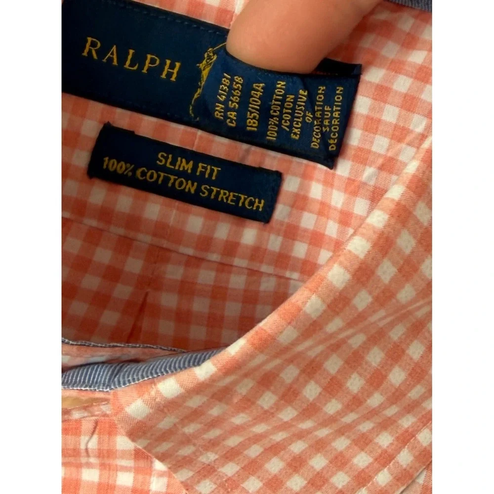 Ralph‎ Lauren Men's Button Down Shirt Orange Gingham Checkered Slim Fit Stretch